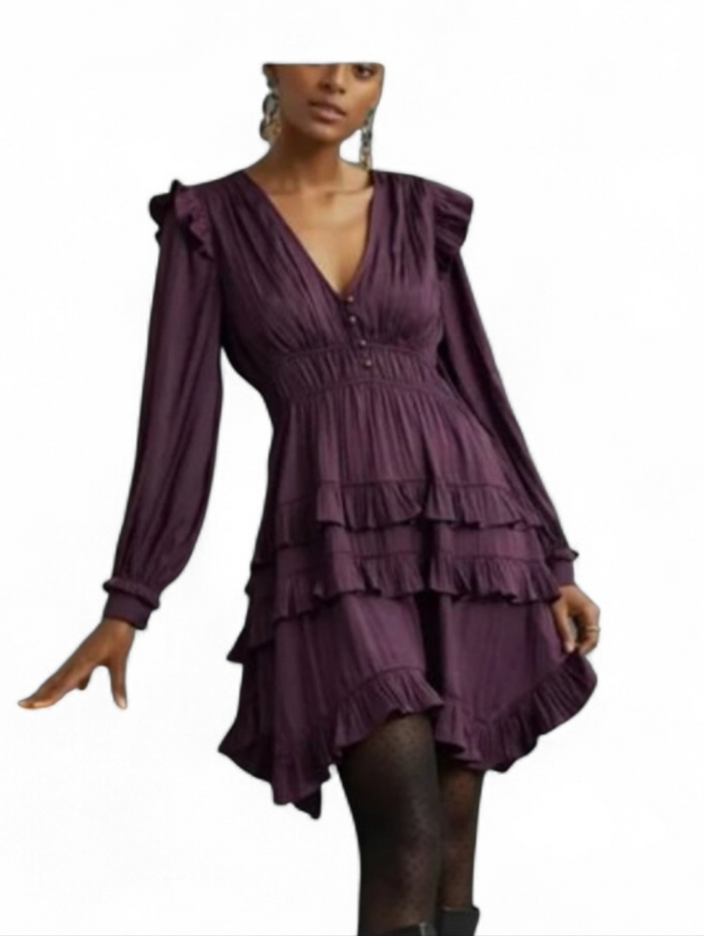 By Anthropologie Tiered Ruffle Mini Dress Size M Dark Purple Whimsigoth Party